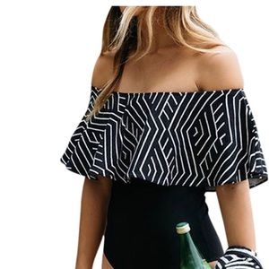Off the shoulder flounce top geometric swim suit